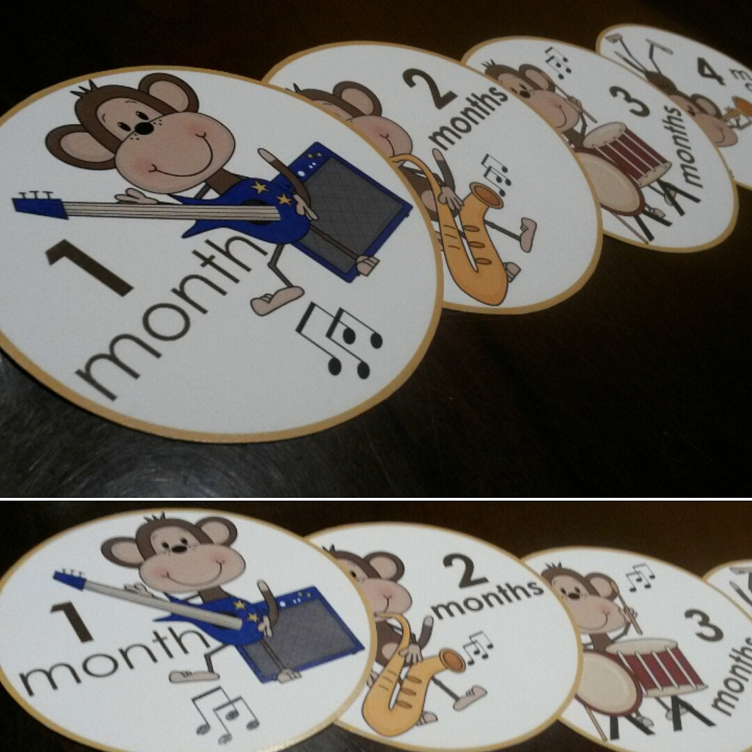 Onesie month stickers. Monkeys playing musical instruments themed Unisex month stickers.