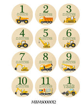 Monthly baby stickers. Work vehicles. Trucks, work, labor, construction, bulldozer, grader, crane