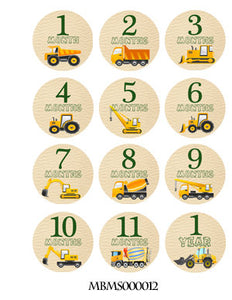 Monthly baby stickers. Work vehicles. Trucks, work, labor, construction, bulldozer, grader, crane
