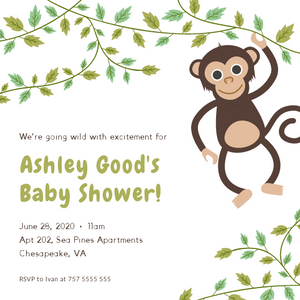Hanging Monkey Baby shower invitations Personalized for any event with your details