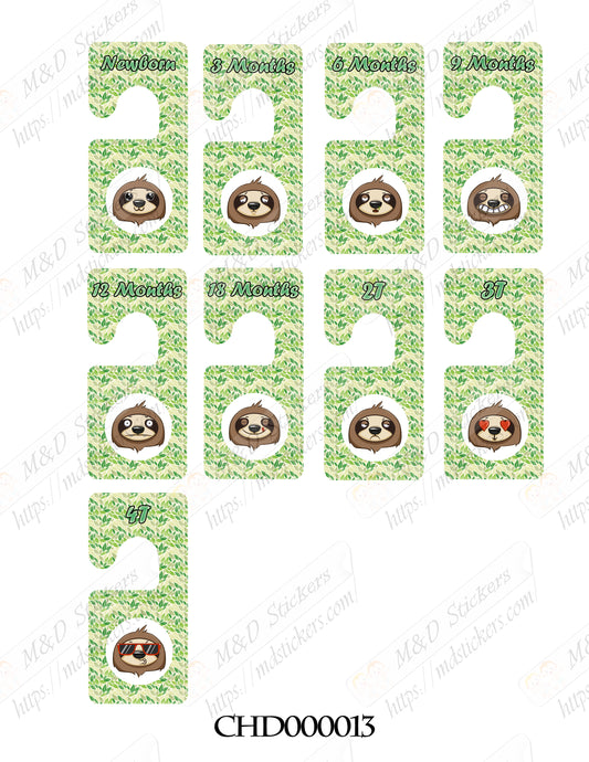 Sloth themed Baby clothes closet dividers. Newborn - 4T. CHD000013