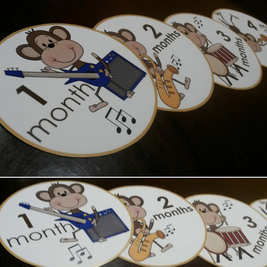 Onesie month stickers. Monkeys playing musical instruments themed Unisex month stickers.