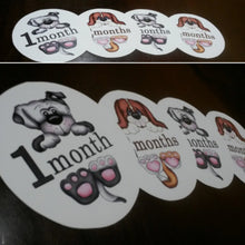 Puppy Monthly baby stickers. Onesie month stickers. Puppies holding your infants age