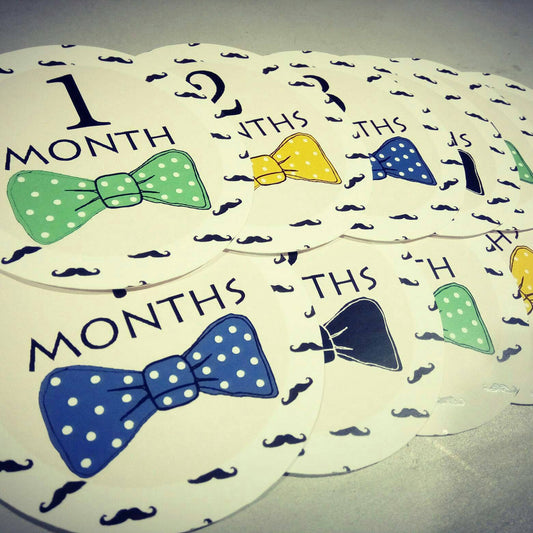 Monthly baby stickers. Bowtie Onesie month stickers. Boys, mustache, gentleman bodysuit labels