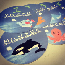 Monthly baby stickers. Under water. Under sea, dolphin, shark, fish, octopus, whale