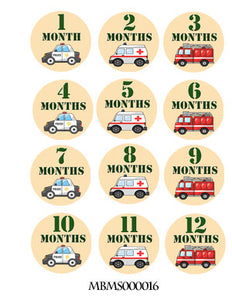 Emergency service vehicles Onesie month baby stickers. Ambulance, firetruck, emergency, police