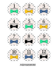 Monthly baby stickers. Bowtie Onesie month stickers. Boys, mustache, gentleman bodysuit labels