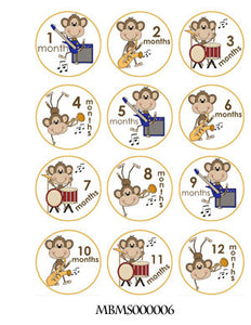 Onesie month stickers. Monkeys playing musical instruments themed Unisex month stickers.