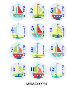 Monthly baby stickers. Sailboats bodysuit infants month labels.
