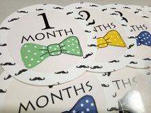 Monthly baby stickers. Bowtie Onesie month stickers. Boys, mustache, gentleman bodysuit labels