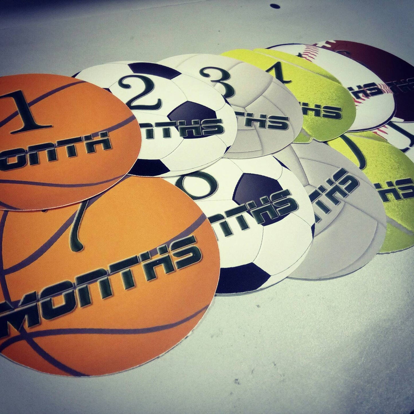 Sports Onesie month stickers. Basketball, football, soccer, volleyball, tennis, baseball, ball