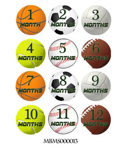 Sports Onesie month stickers. Basketball, football, soccer, volleyball, tennis, baseball, ball
