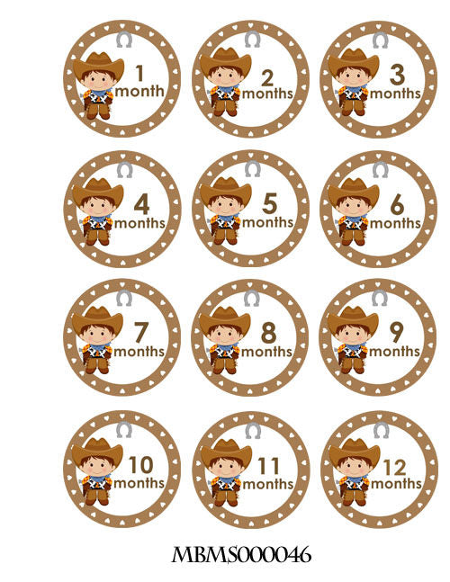 Monthly baby stickers. Cowboys / cowgirls bodysuit romper baby infants month labels