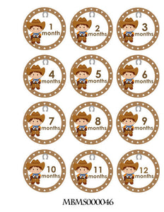 Monthly baby stickers. Cowboys / cowgirls bodysuit romper baby infants month labels