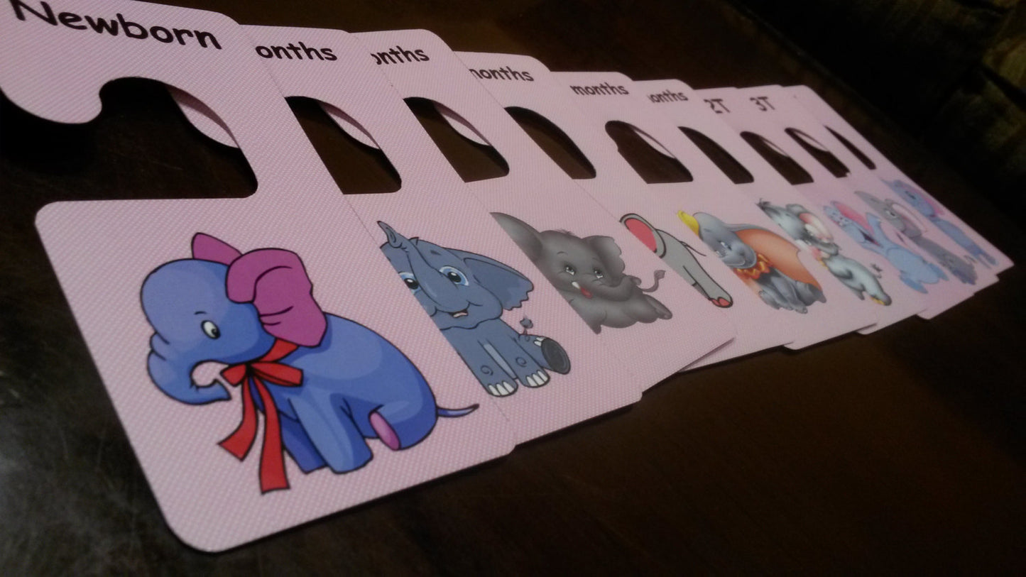 Girl's Baby clothes closet dividers. Size newborn - 4T. Pink polka elephants