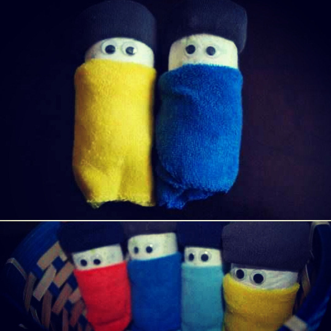 Diaper Babies Baby Shower Decoration Gift. One pair of Diaper Babies each swaddled in a Washcloth