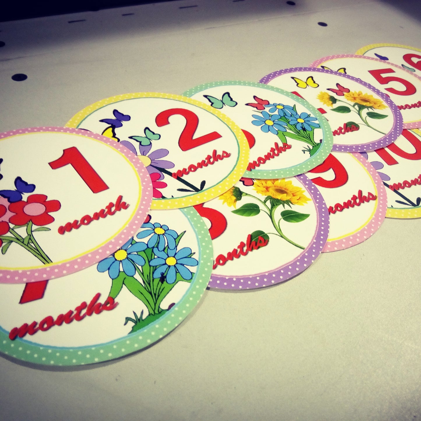 Monthly baby stickers. Butterflies and flowers bodysuit infants month labels.